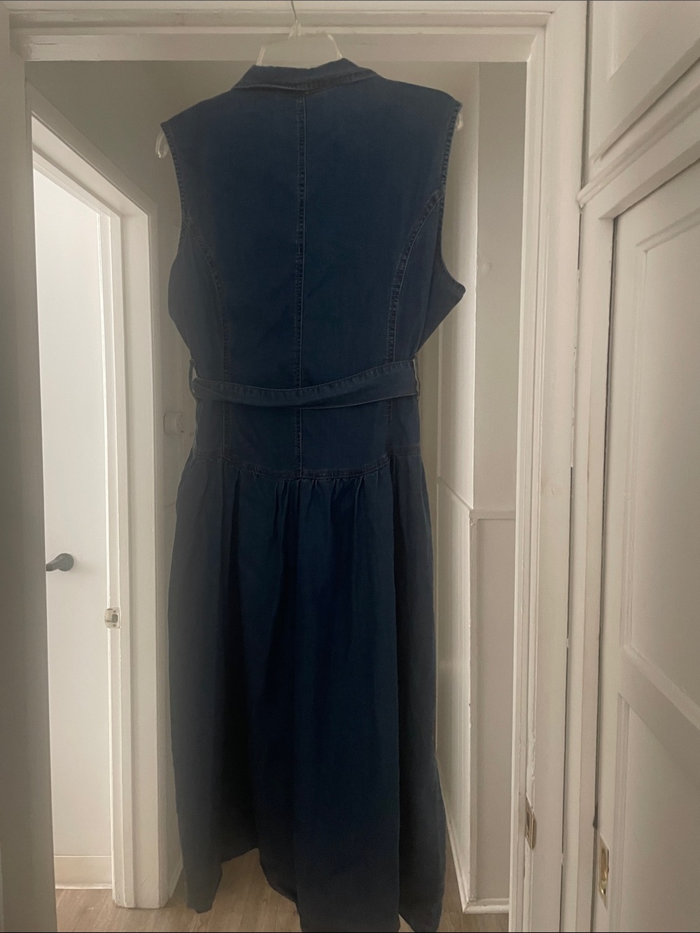 Sleeveless Blue Denim Midi Dress with Self Tie Waist - Picture 3 of 3